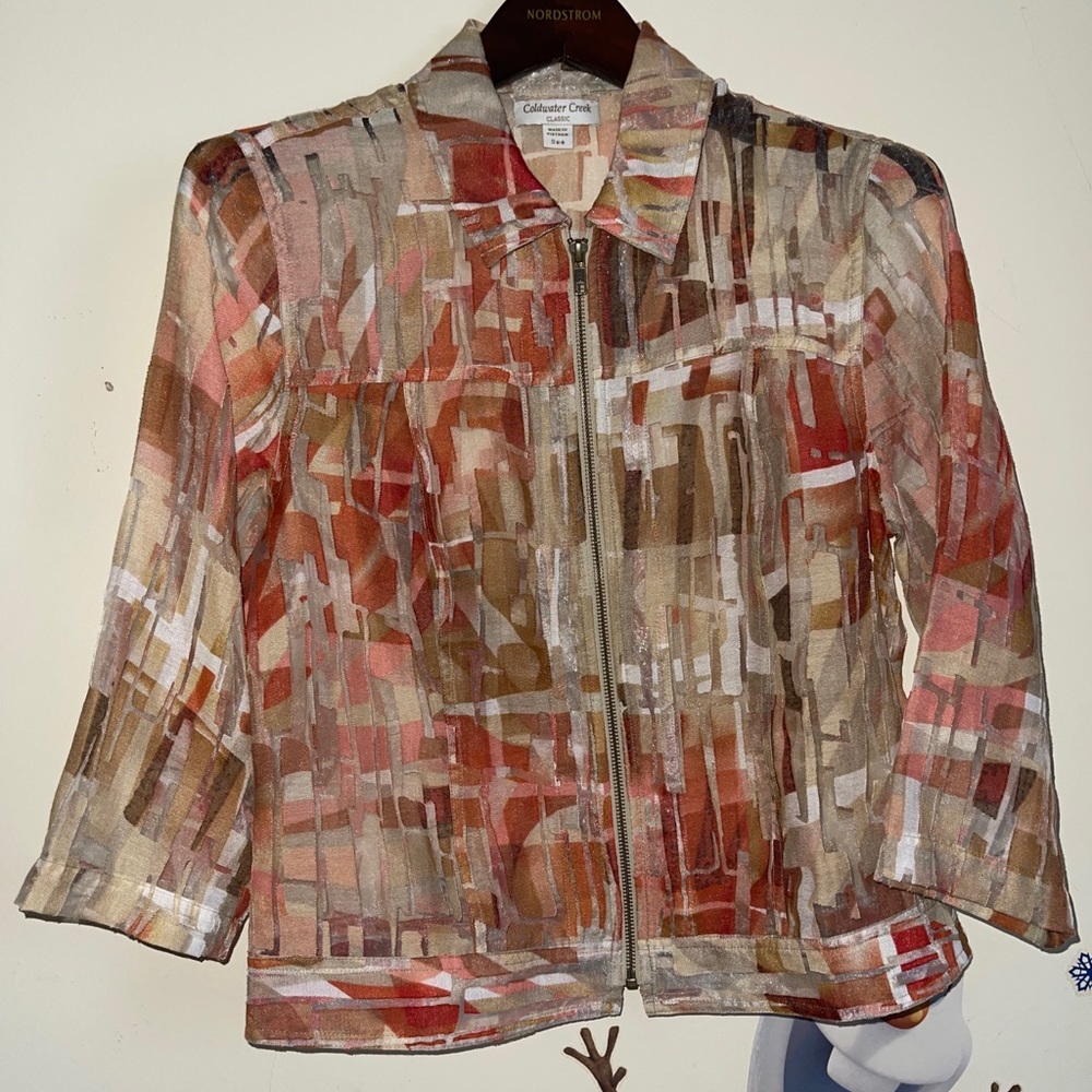 Coldwater Creek Women Zip Front Sz S 6-7 Textured See-Through 3/4 Sleeve Jacket